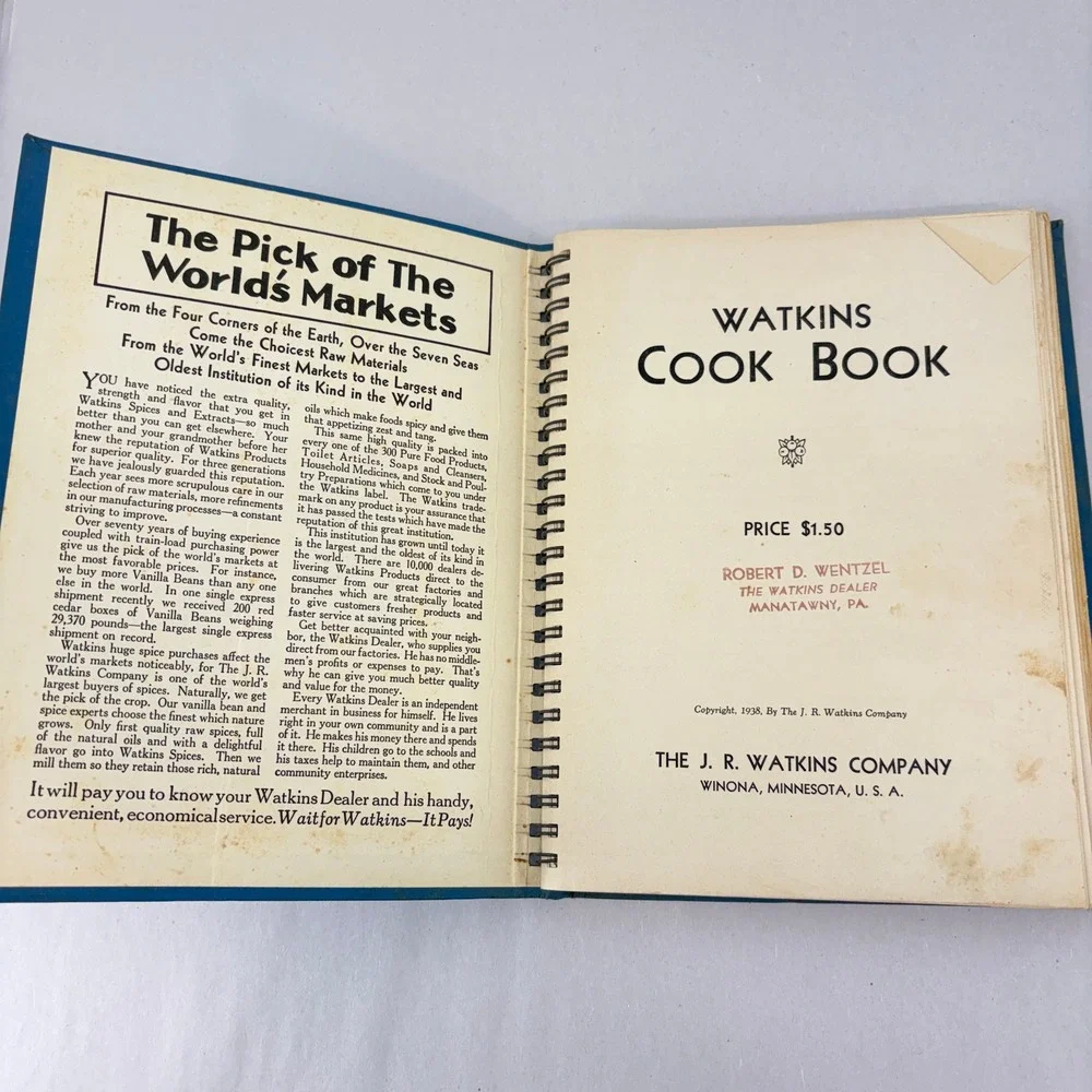Vintage 1938 Watkins Cook Book J.R. Watkins Co Blue Hardcover Spiral Bound 287pg
